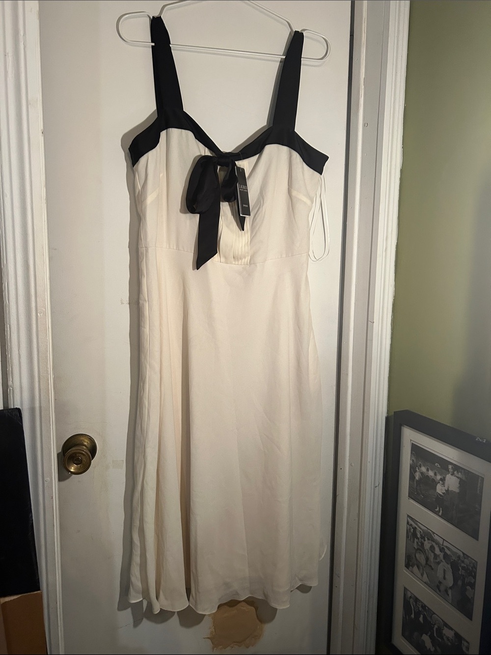 Ralph Lauren Cream Midi Dress with Black Straps and Bow Sz 12 NWT
